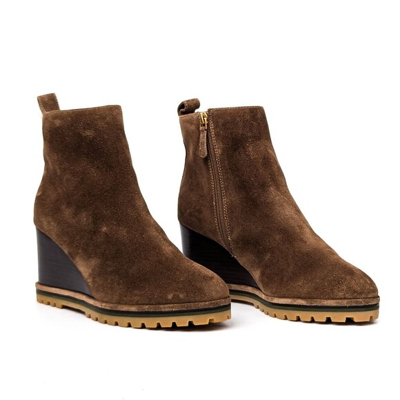 Tory Burch Women Beige Suede Zip Wedge Lug Sole Ankle Boots size 10 - Picture 1 of 7